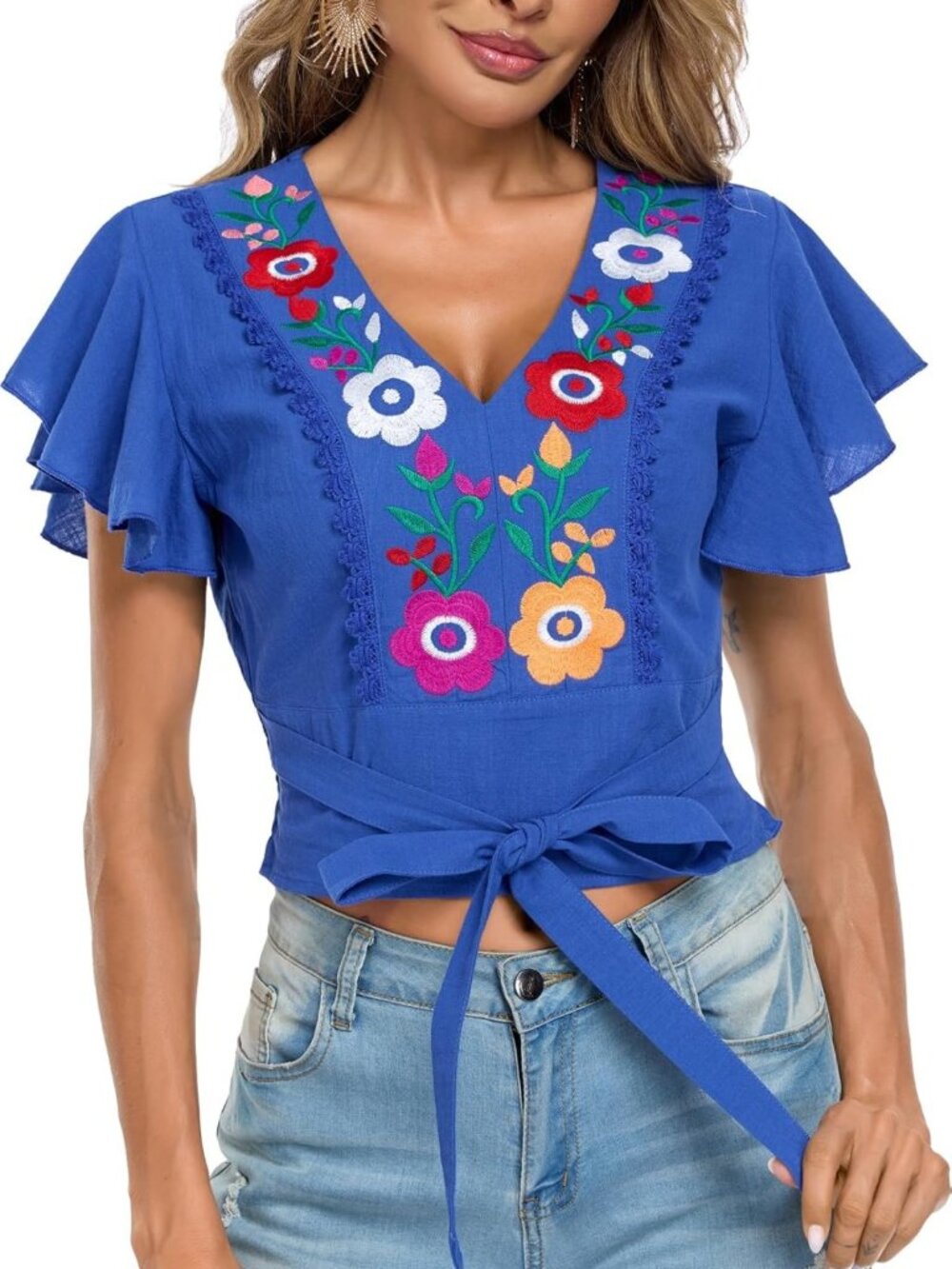 Boho V Neck Tie Front Crop Top - Summer Ruffle Short Sleeve Embroidered Blouse